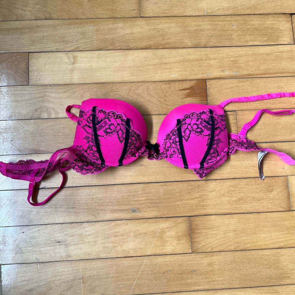 La Senza Hello Sugar Push Up Bra Hot Pink Black Lace Corset Detail 32A